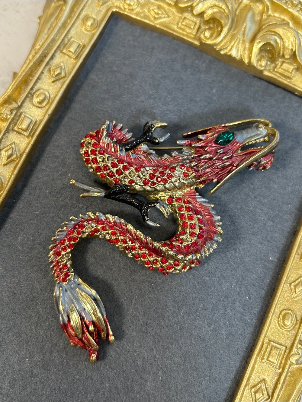 Red Dragon Crystal Oversized Brooch - Gold & Black Accent